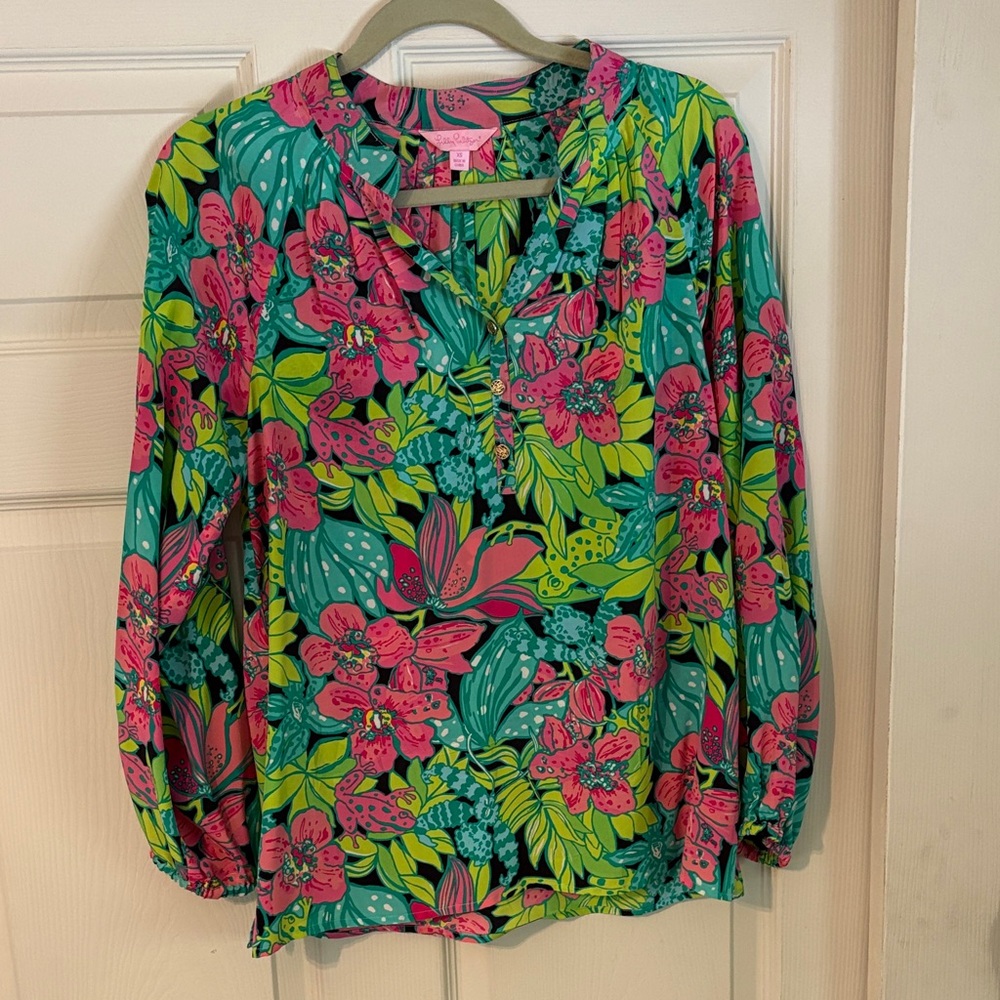 Lilly Pulitzer Vibrant Floral Blouse - Pink and Green